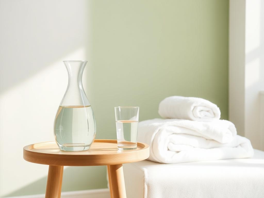 Carafe and glass of water beside folded towels in a calm treatment room