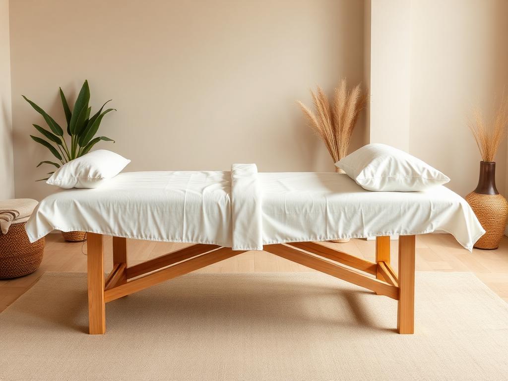 Massage table dressed in soft linens with supportive bolsters for pregnancy positioning
